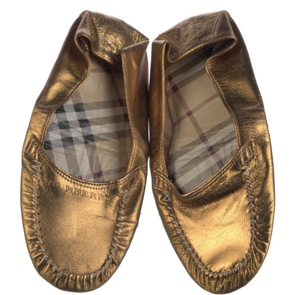 Burberry Metallic Gold Leather Slip on Ballet Moccasins Size 7